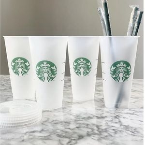 4 Starbucks Reusable Cold Cup Frosted 24oz Venti Plastic With Lids & Straws